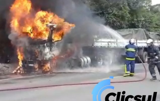 Caminhão pega fogo na BR 476 em São Mateus do Sul