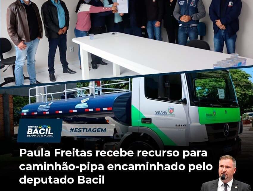 Paula Freitas recebe recurso para caminhão pipa encaminhado pelo Deputado Bacil