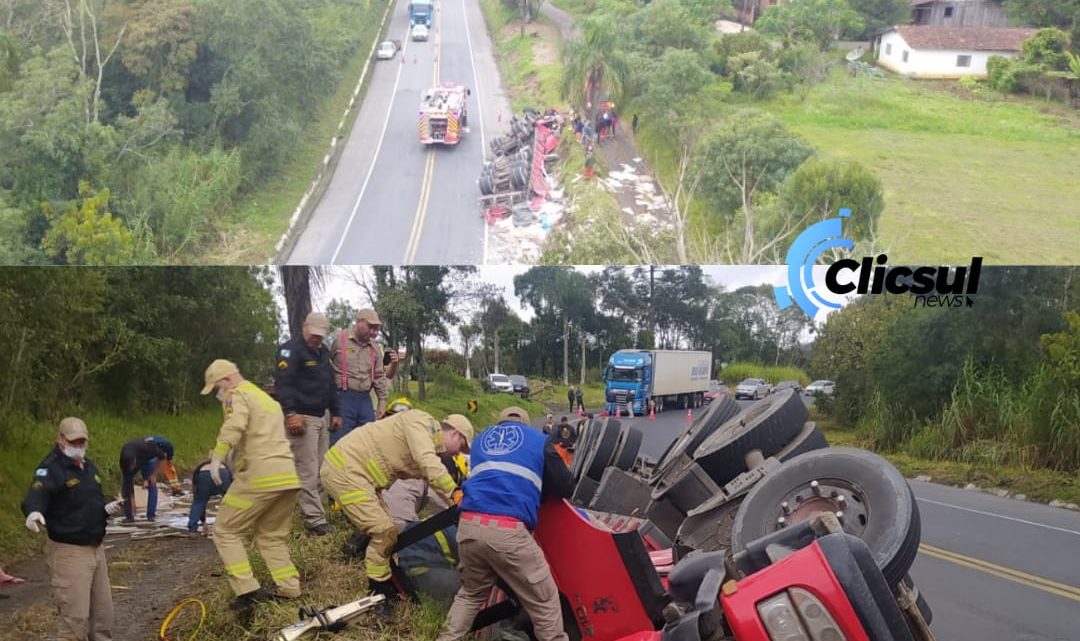 Grave tombamento na BR 476 deixa motorista preso nas ferragens